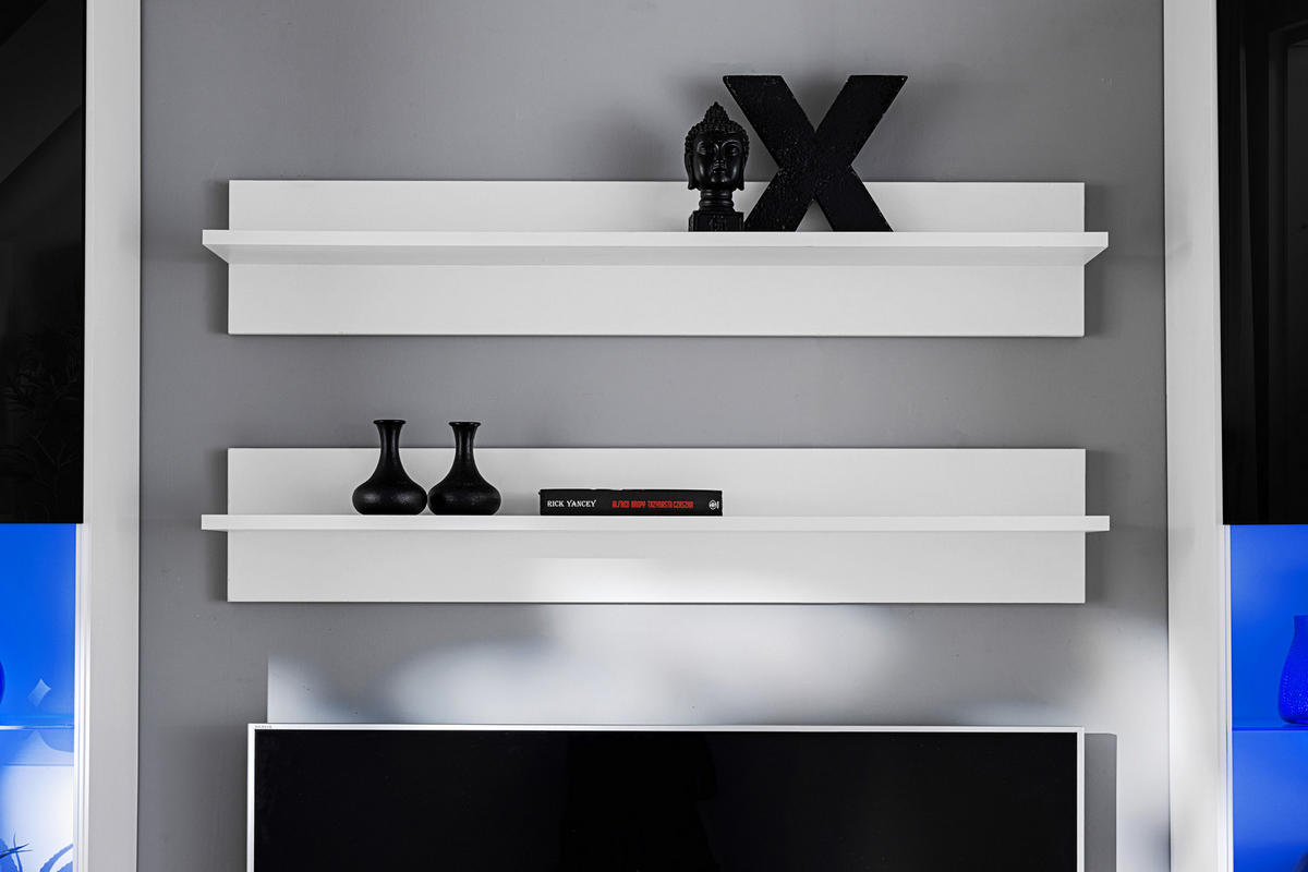 WOHNZIMMERSET VARALLO, 6er-Set, Weiß, Front Hochglanz Schwarz , LED Blau - Schwarz/Weiß, Glas/Holzwerkstoff (200/190/45cm) - Komodee