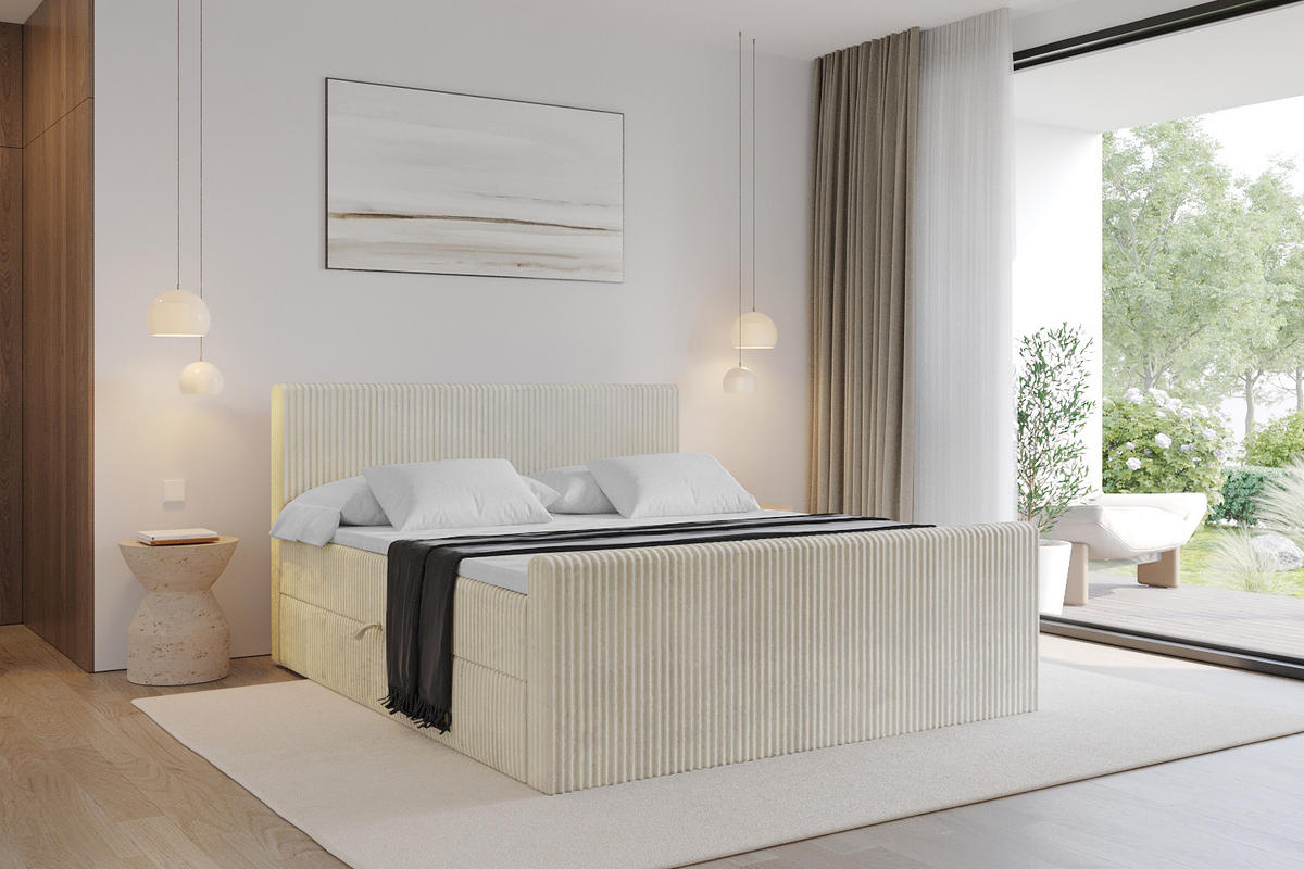 BOXBETT mit Matratze H3 und Lattenrost - TOLO-Z - 140x200 Cord - Creme - Champagner, Holzwerkstoff (140/200cm) - ALTDECOR