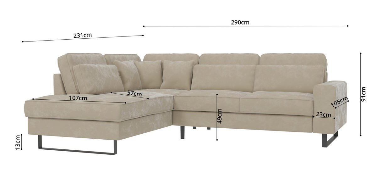 ECKSOFA Zuri Beige Samt - Beige/Schwarz, Holz/Kunststoff (290/231cm) - S-Style Möbel