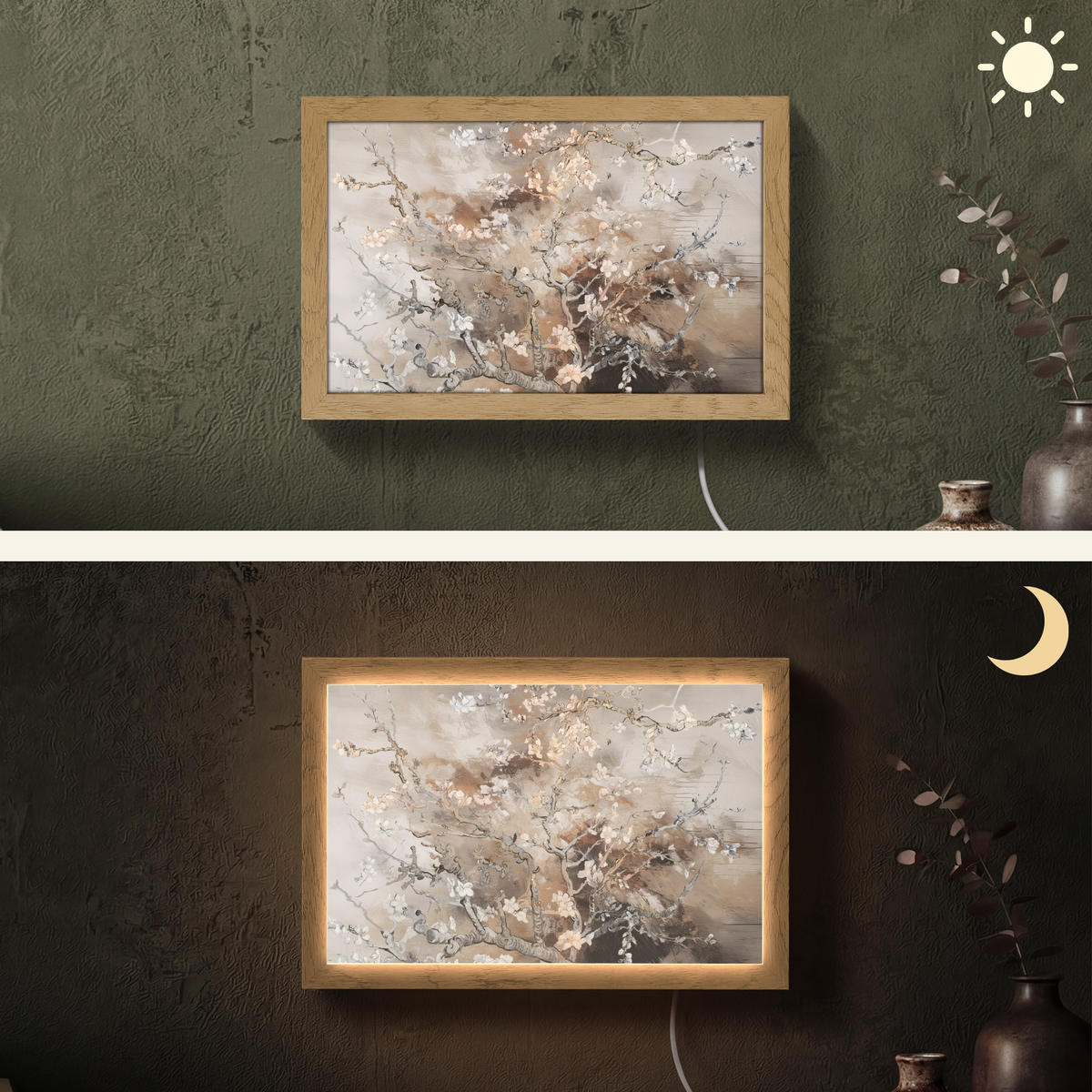 NÁSTĚNNÁ LAMPA Mandlový květ - Umění - Van Gogh - Béžová - Abstraktní 30x20 cm - šedohnědá, kompozitní dřevo (30/20/8cm) - OnlyWow