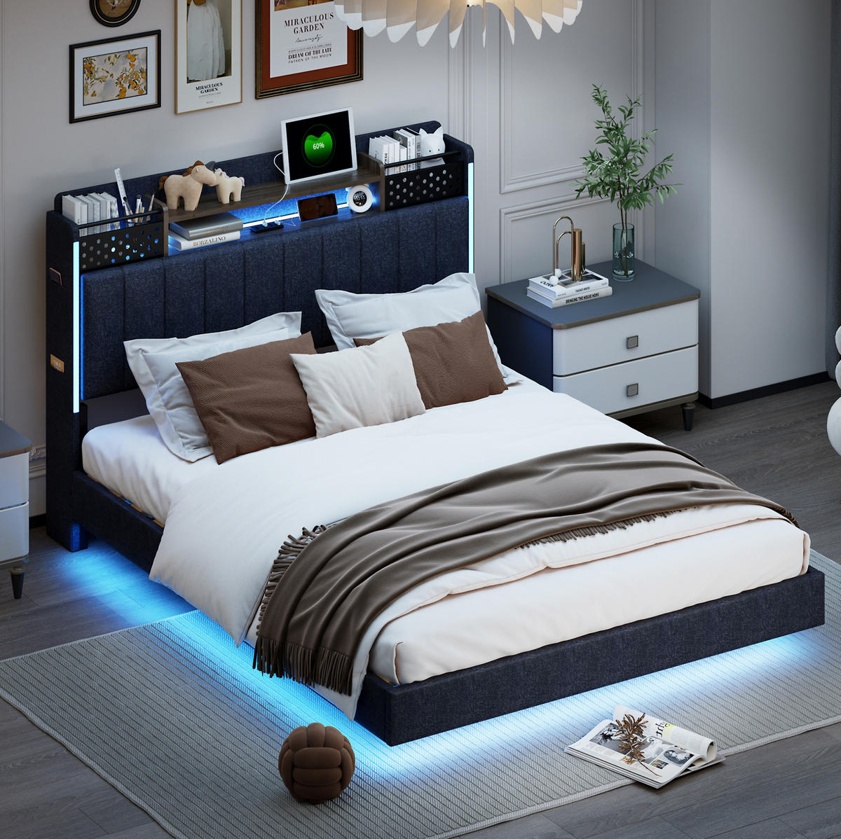POLSTERBETT 140/200 cm Grau aus Leinenstoff mit LED-Beleuchtung und USB-Anschluss - Grau, Textil (140/200cm) - OKMYHOME