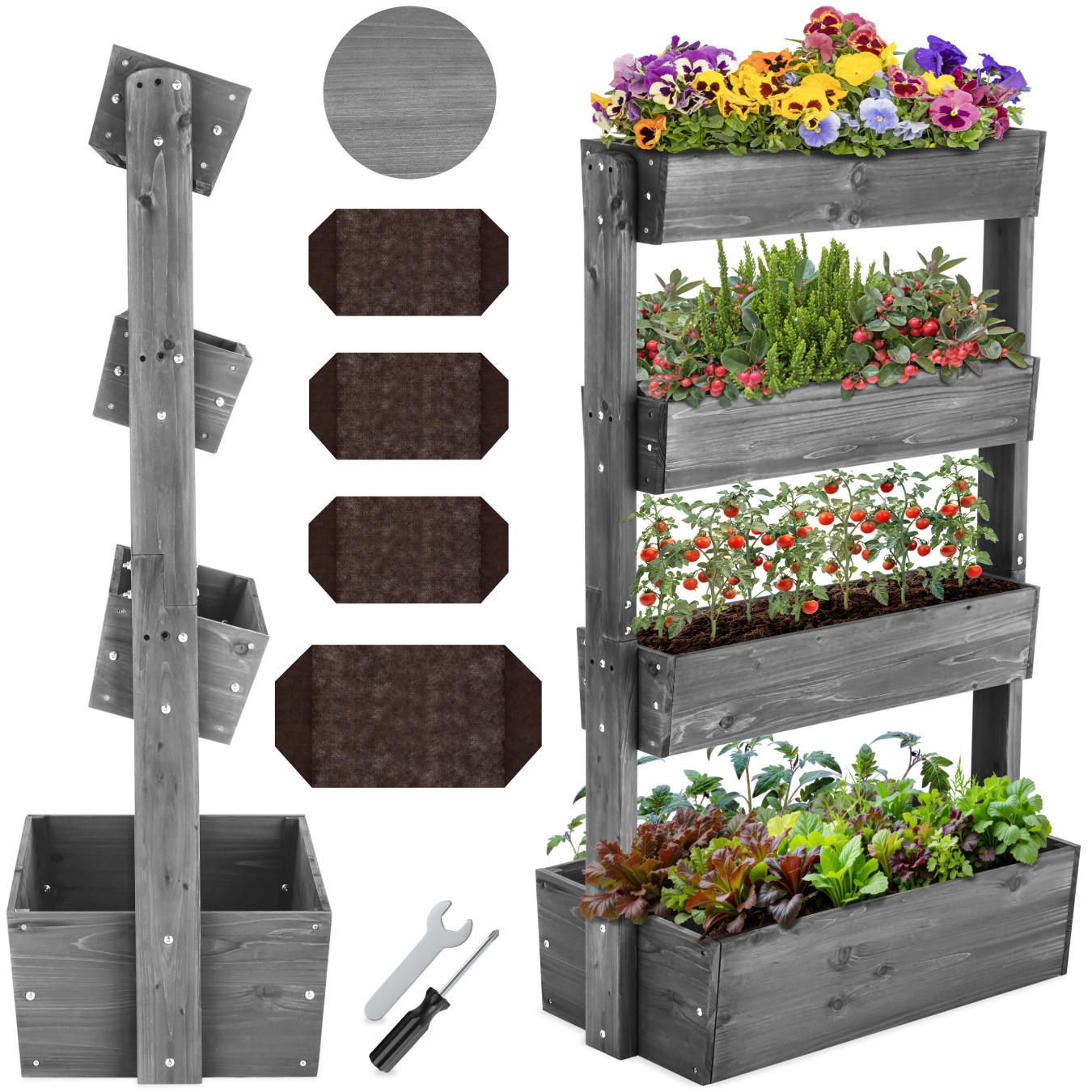 VERTIKALBEET Flora,inklusive Pflanzvlies, 85 x 45 x 140 cm,grau - Grau, Holz (85/140/45cm) - tectake
