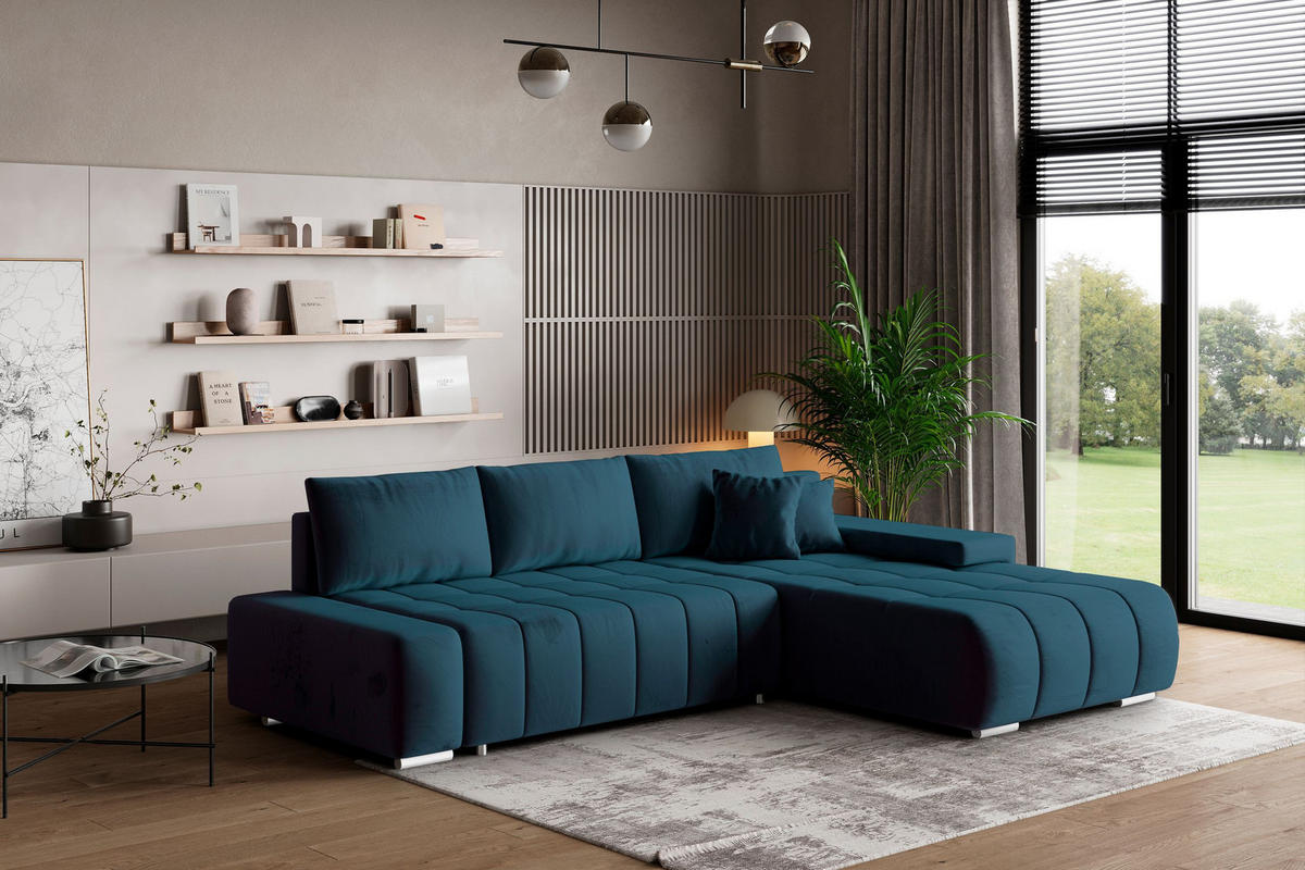 ECKSOFA ALESE R-S Blau Velours-Stoff mit Schlaffunktion - Blau, Holz (265/185cm) - MASSENO
