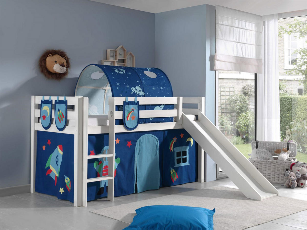 HOCHBETT mit Rutsche Karolina Massivholz Weiß Textilset Astro 4 - Blau/Weiß, Holz (90/200cm) - 58aufmkessel