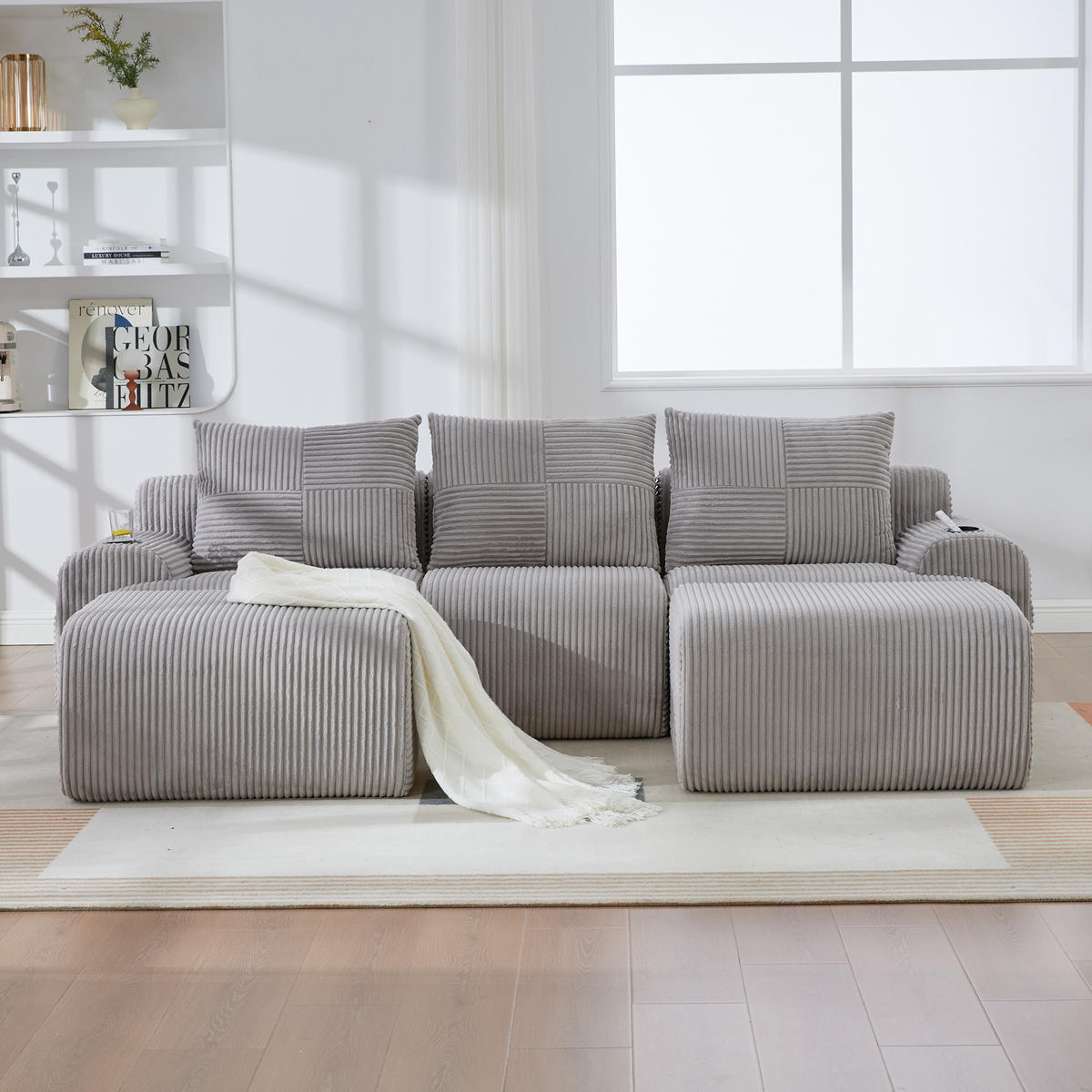 3-SITZER Wohnlandschaft Cord mit 2 Hockern und Getränkehalter 268/174/80 cm Hellgrau - Hellgrau, Textil (174/80/268cm) - Redom