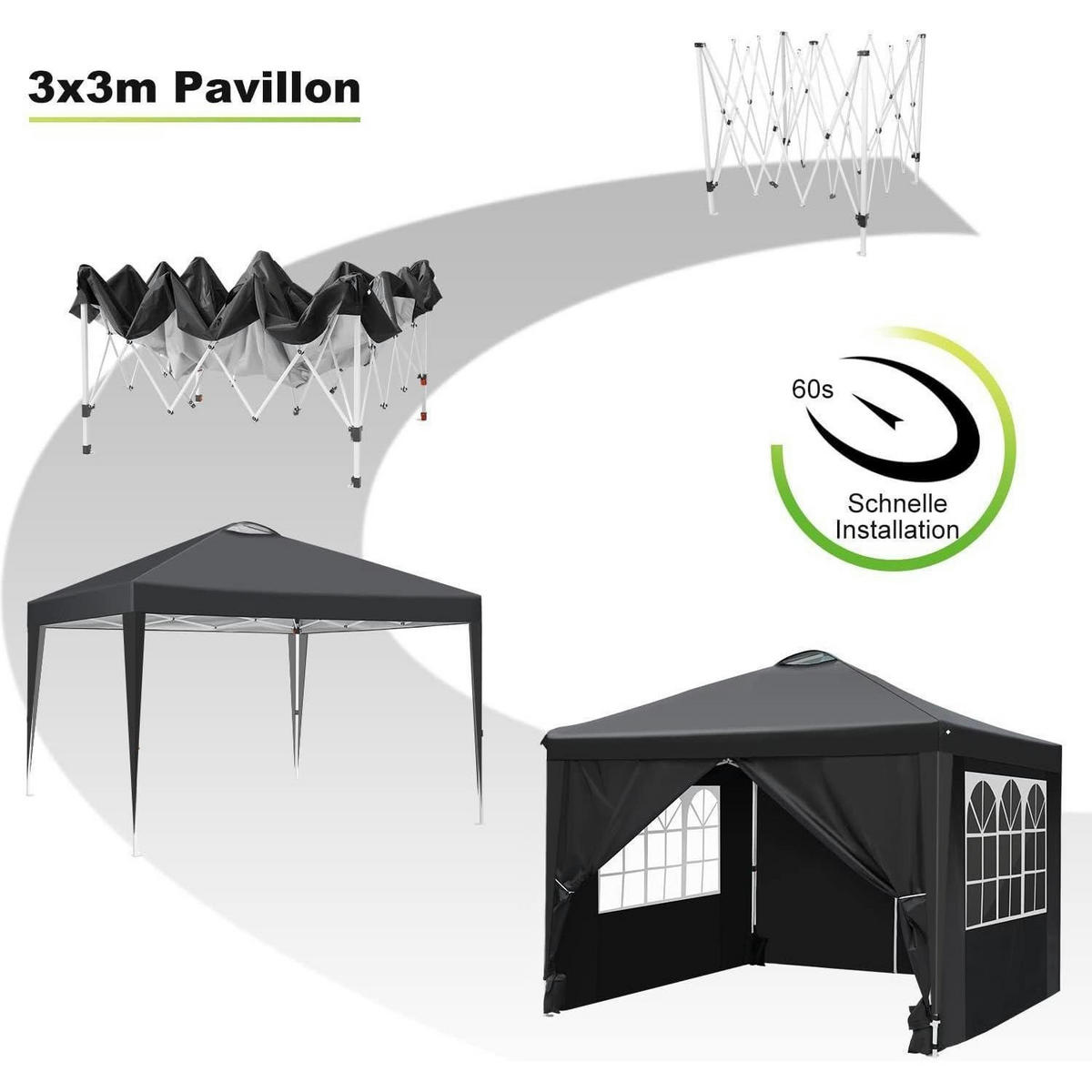 PAVILLON 3 x 3 m schwarz mit 4 Seitenteilen und Belüftungsöffnung - Schwarz, Textil (300/223/300cm)