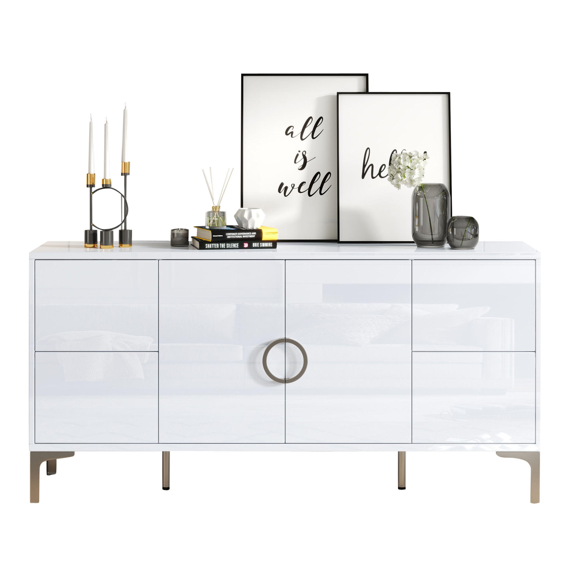 SIDEBOARD 150/38/59,5 cm in Weiß Hochglanz mit 4 Schubladen und 2 Türen - Weiß, Holzwerkstoff (150/59.5/38cm) - Flora Grace