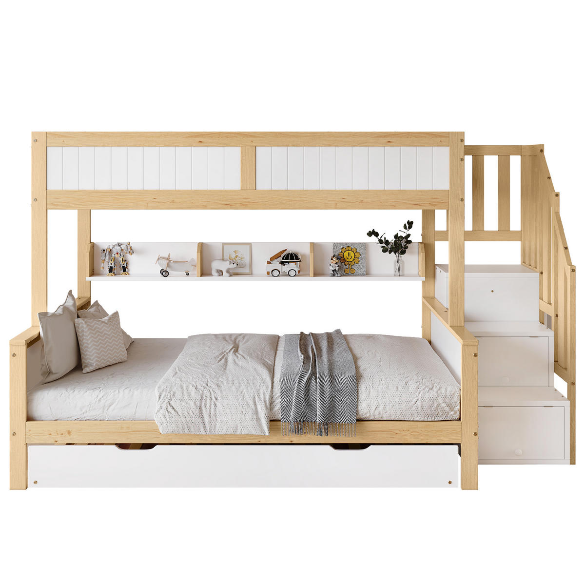 ETAGENBETT 90/200 & 120/200 cm Weiß Natur mit Rollbett und Stauraumtreppe aus Kiefer+MDF - Weiß, Holzwerkstoff (90/200cm) - OKWISH