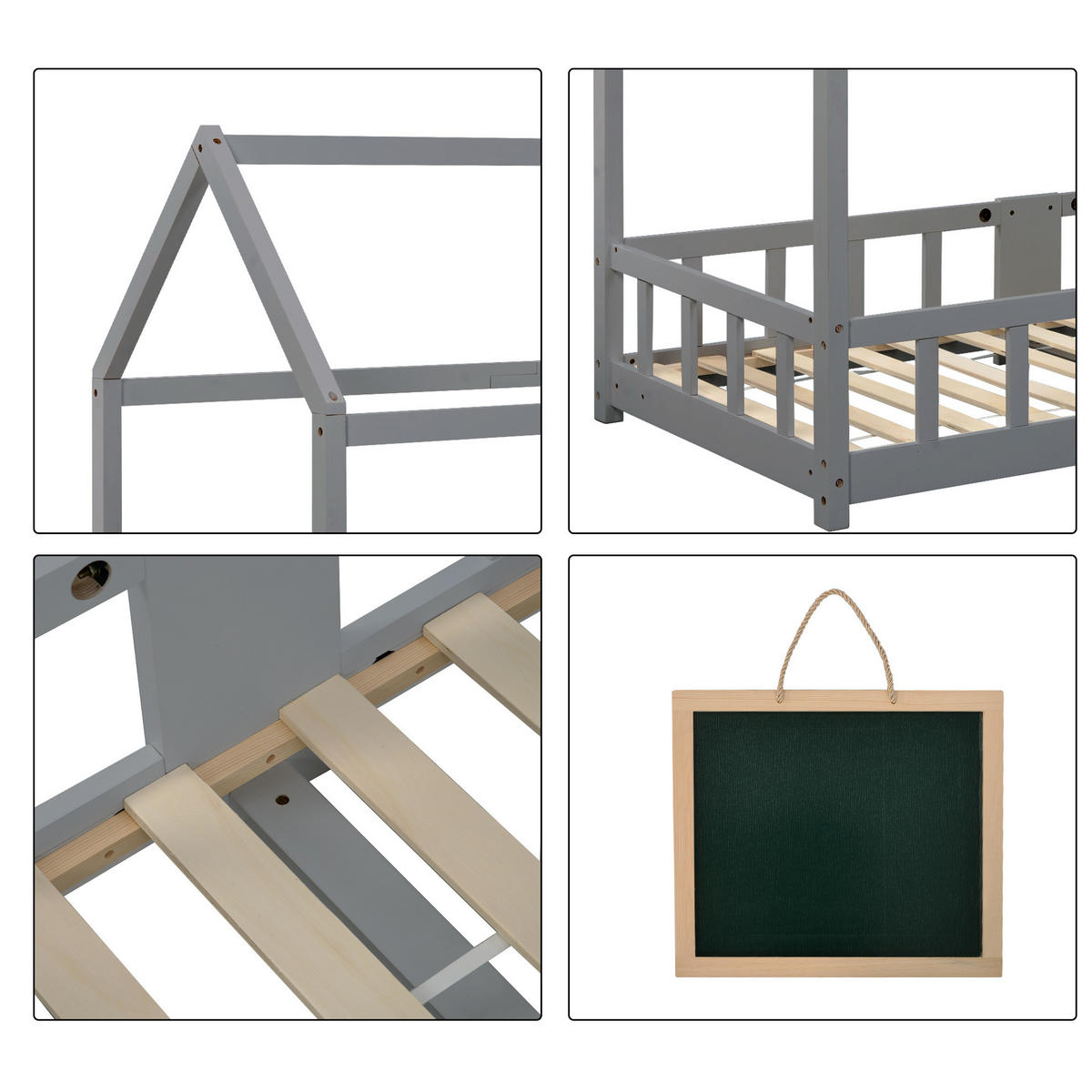 KINDEREINZELBETTEN aus Massivholz 90x200 cm in Grau mit Tafel - Grau, Holz (90/200cm) - Modfu