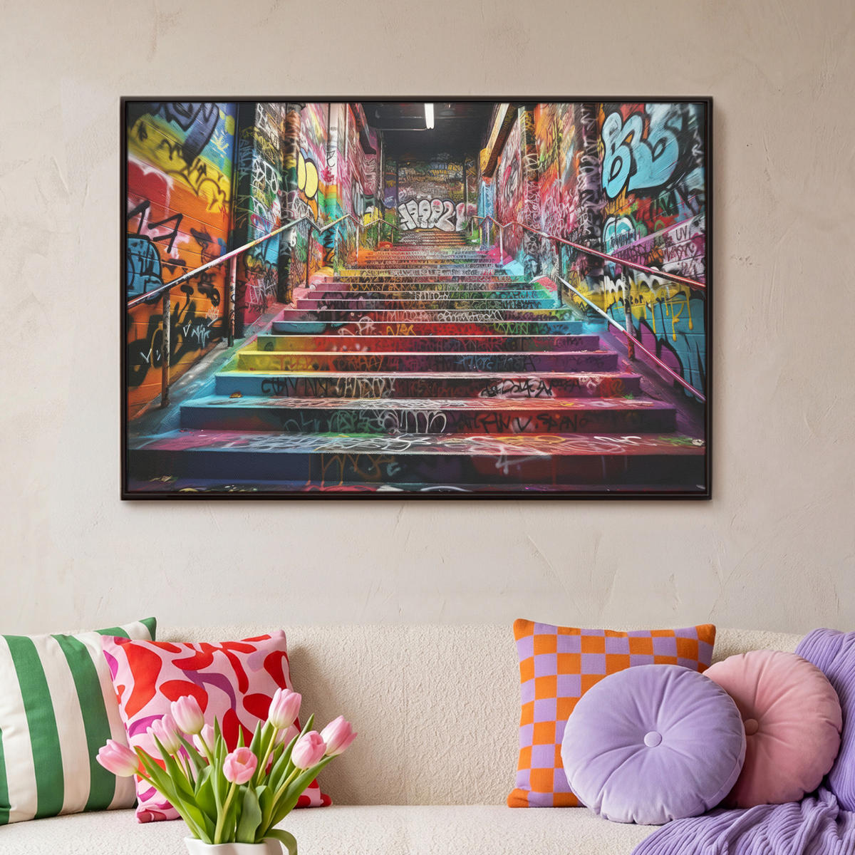 LEINWAND Bilder mit Rahmen - Treppe - Graffiti - Farben - Kunst - 90x60 - Multicolor, Textil (90/60cm) - MuchoWow