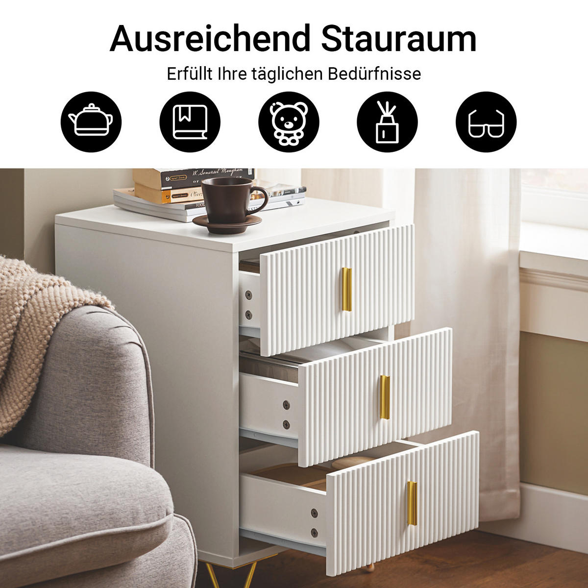 NACHTTISCH mit 3 Schubladen, Weiß, 40x63x40cm - Weiß, Holzwerkstoff/Metall (40/63/40cm) - SoBuy