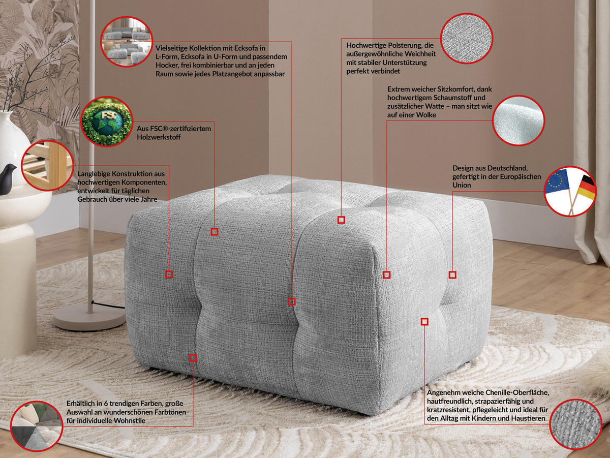 ECKSOFA inkl. Hocker Kozy im Bumpy-Design mit Schlaffunktion und fester Rückenlehne aus weichem Hellgrau Chenille-Stoff - Ottomane rechts - Hellgrau/Schwarz, Holz/Kunststoff (234/161cm) - S-Style Möbel