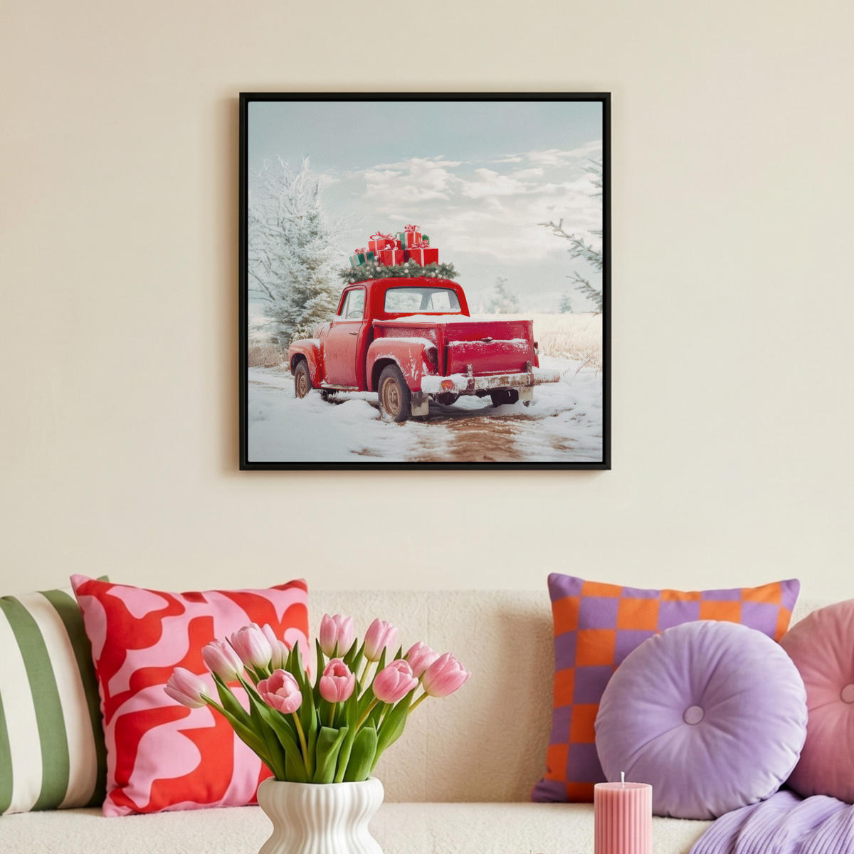 LEINWAND Bilder mit Rahmen - Auto - Rot - Geschenke - Winter - Schnee - Weihnachten - 50x50 - Rot, Textil (50/50cm) - MuchoWow