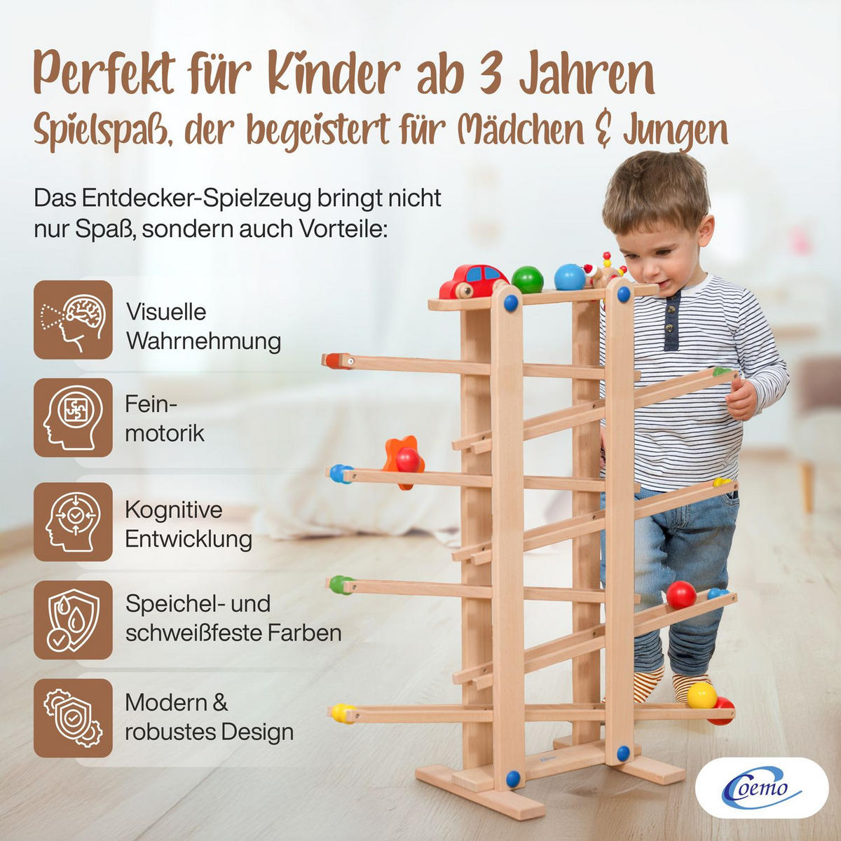 KUGELBAHN XL Holz Natur mit 7 Roll Elementen - Naturfarben, Holz (26/70cm) - Coemo