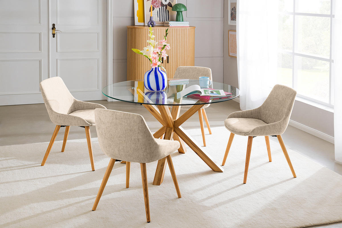 POLSTERSTUHL - Webstoff / Eiche massiv, 2er-Set - Beige, Textil (52/81/57cm) - home24