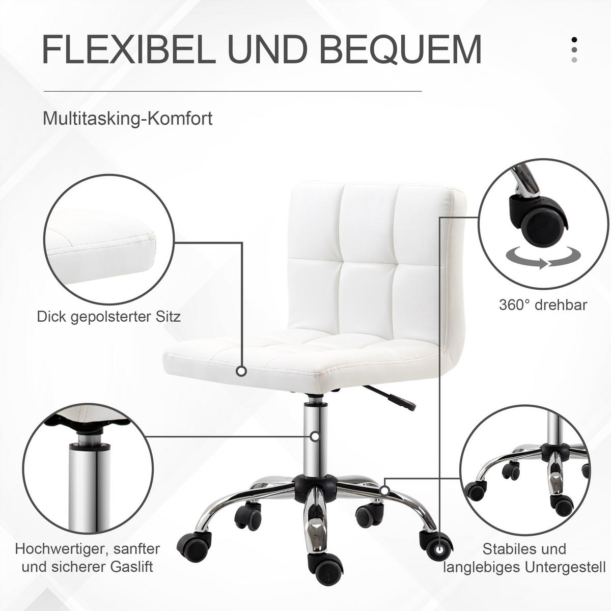 BÜROSTUHL ohne Armlehne 51L x 46B x 80-92H cm Weiß - Weiß, Kunststoff (46/92/51cm) - HOMCOM
