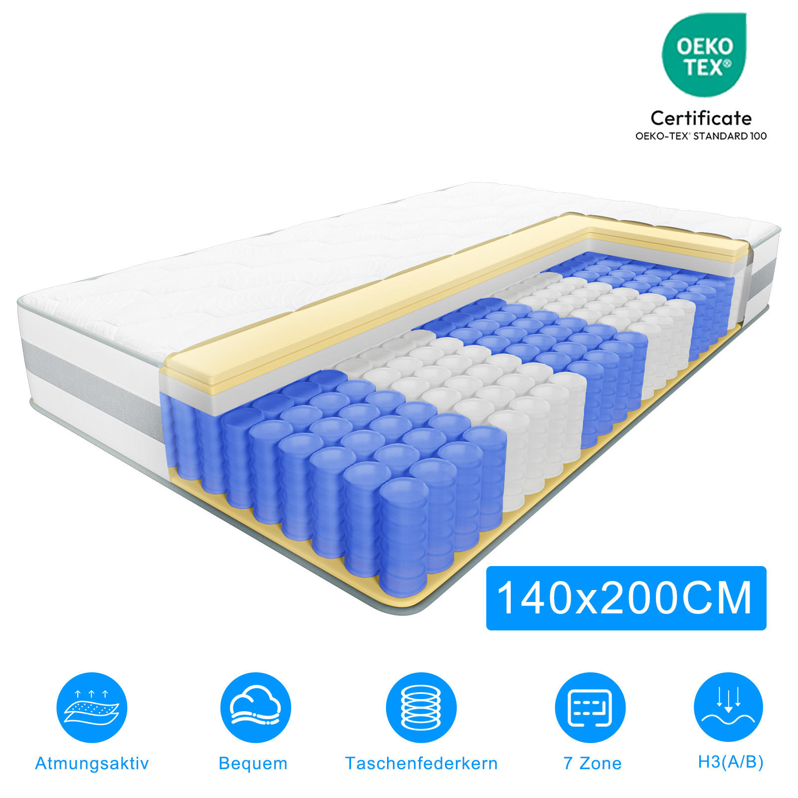 TASCHENFEDERKERNMATRATZE Höhe 25 cm 140×200cm - Weiß, Textil (140/200cm) - CHICASA