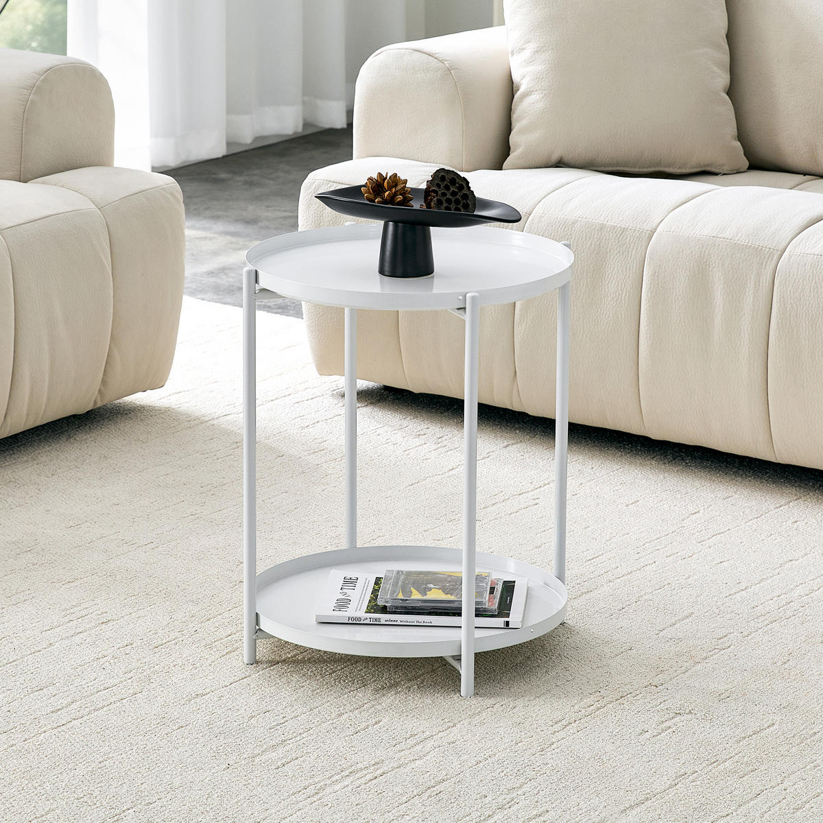 BEISTELLTISCH DE-37346 2-etagig rund mit Metallrahmen und Ablage Weiß - Weiß, Metall (42/42/52cm) - ComfortXL