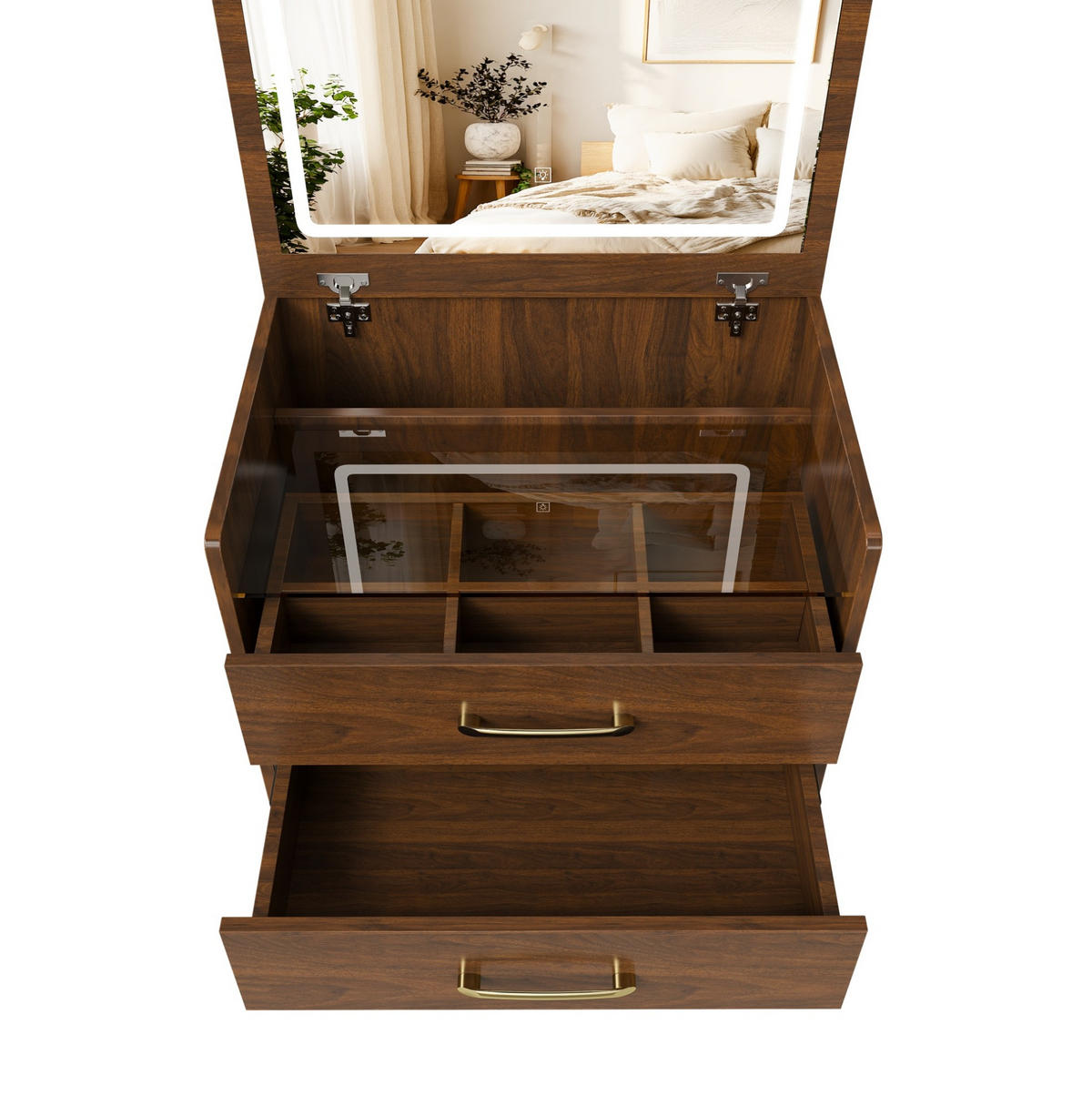 SCHMINKTISCH aus MDF 40x60x118 cm Walnussfarben mit klappbarem Spiegel, Stauraum und Hocker - Weiß, Holzwerkstoff (60/118/40cm) - Modfu