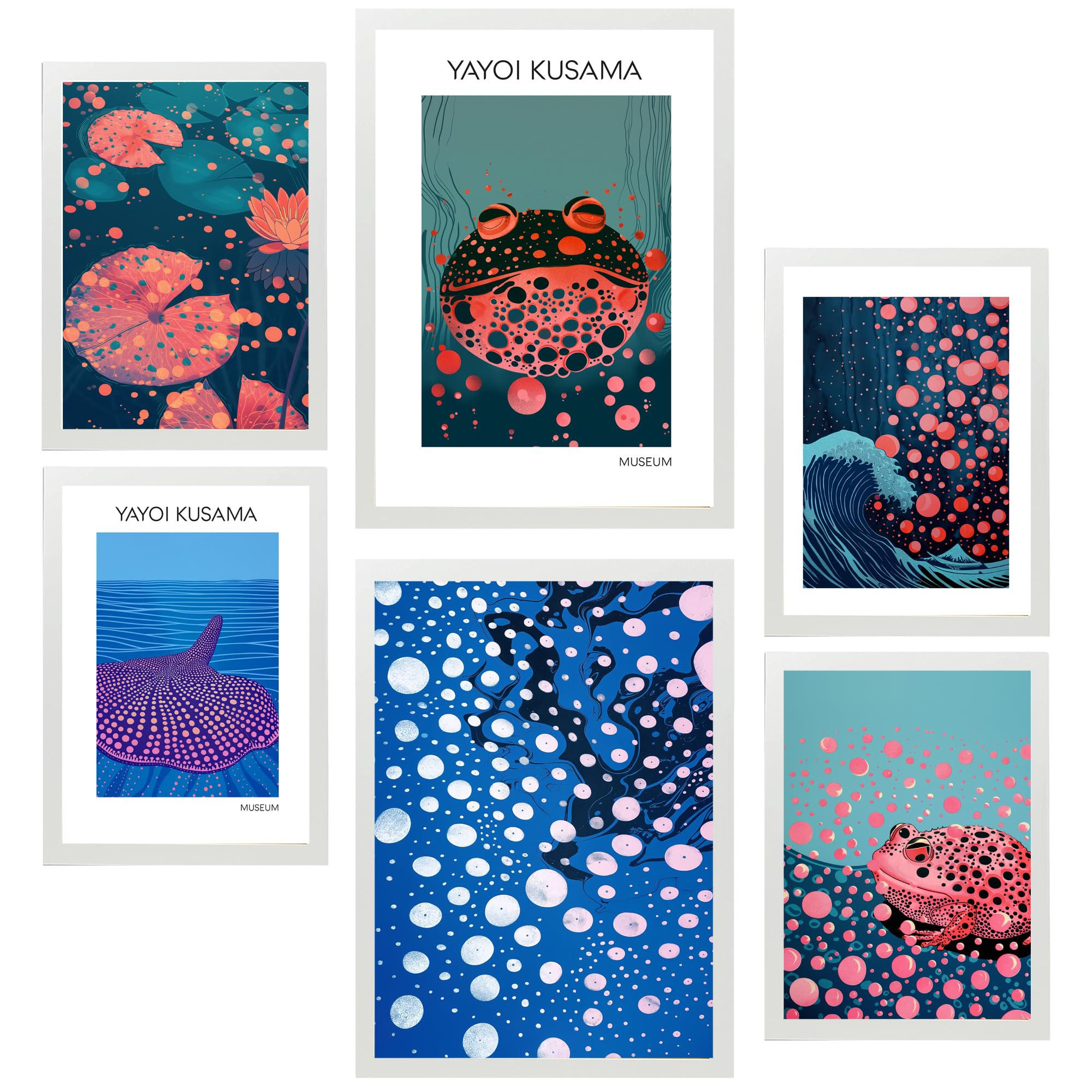 POSTER Set Mit 6 Kusama Fisch A3 & A4 Weißer Rahmen - Weiß, Papier (29/3cm) - Nacnic