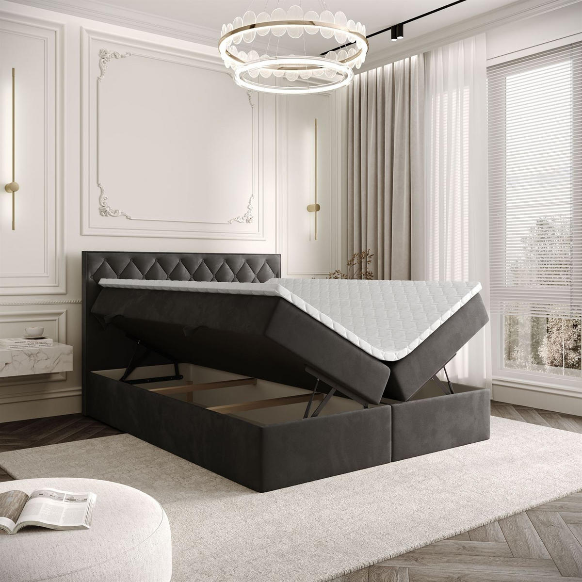 BOXBETT INEZ mit Bettkasten mit Topper 180x200 cm Royal Velvet 185 - Graphitfarben, Textil - Lookway