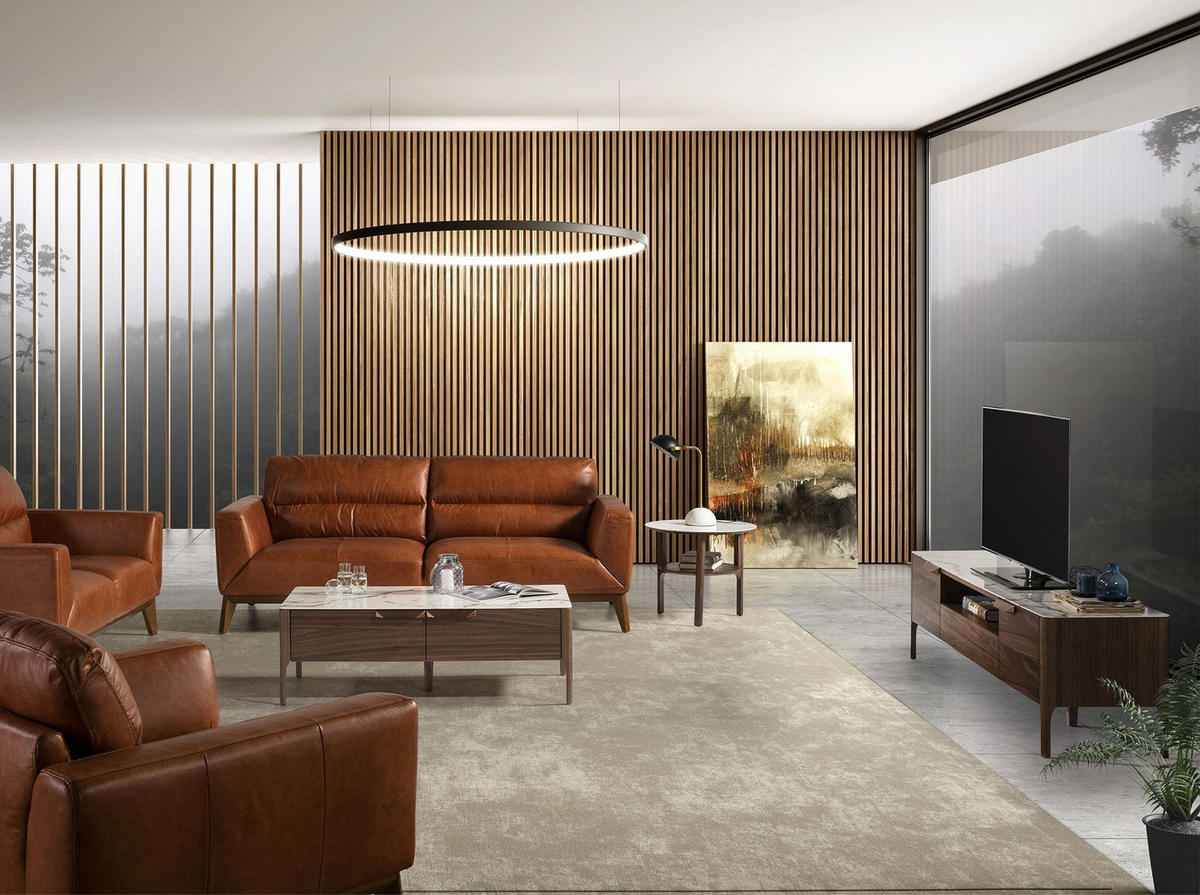 TV-ELEMENT TV-Ständer aus Nussbaumholz mit Glasplatte aus Marmorimitation 180/45/50 cm - Edelstahlfarben/Walnussfarben, Holz/Stein (180/50/45cm) - ANGEL CERDA