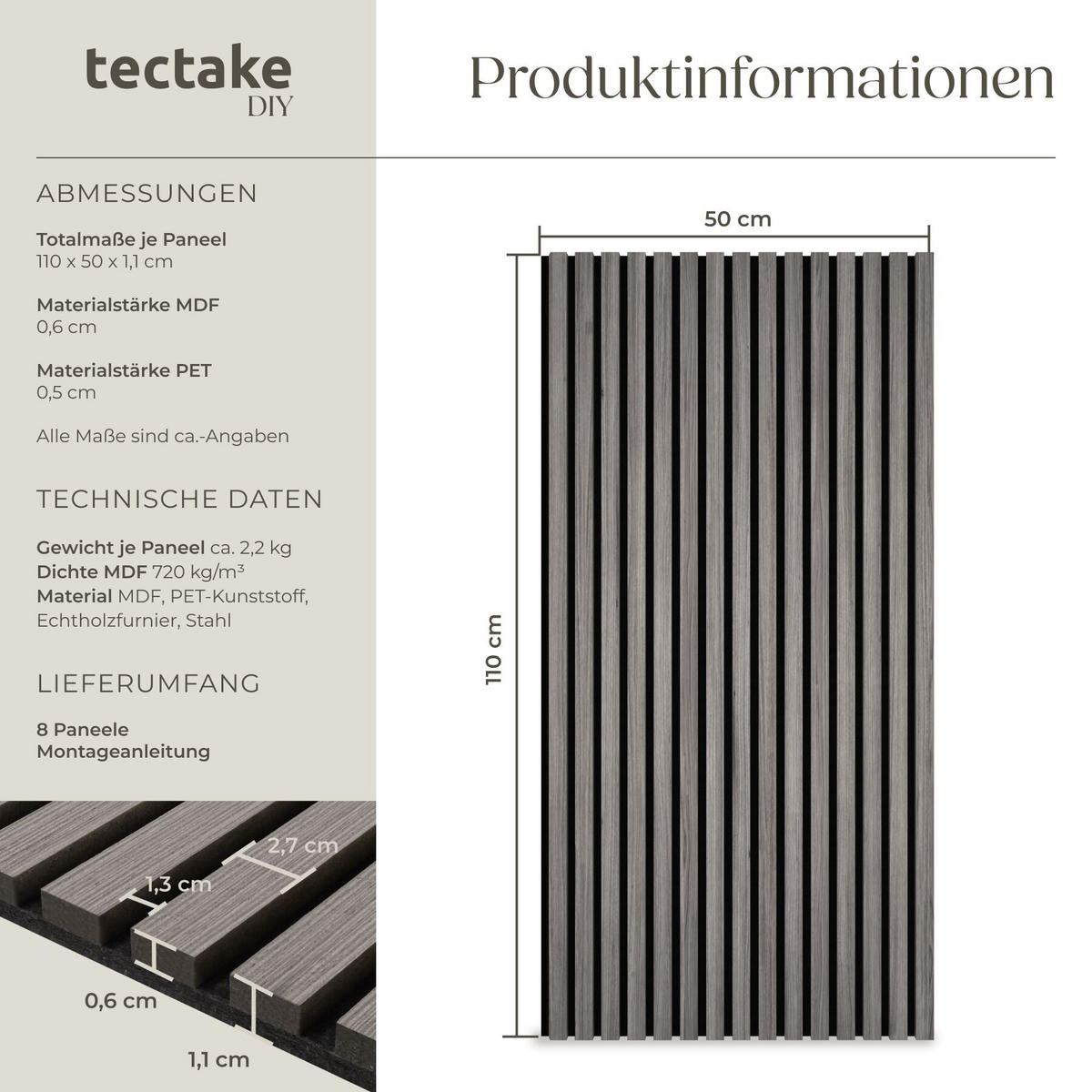 AKUSTIKPANEELE 8er Set Sonic Wall Iv, je 110 x 50 x 1,1 cm, Größe flexibel anpassbar, Eiche hellgrau - Eichefarben/Hellgrau, Holz (50/1.1/110cm) - tectake