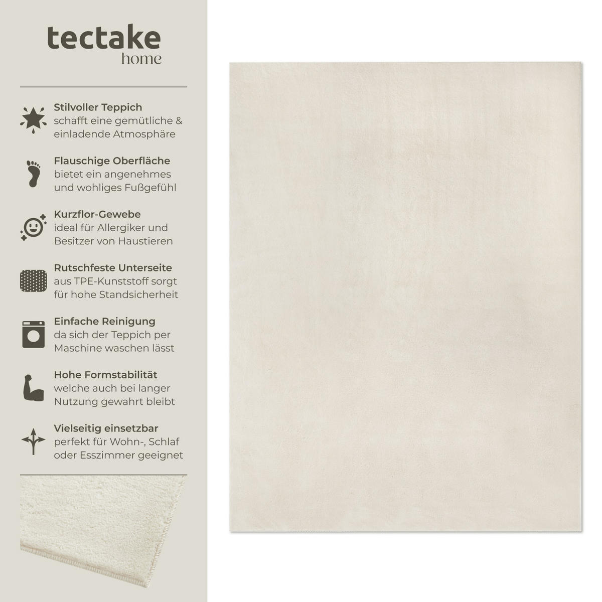KURZFLORTEPPICH Soft Zone,rutschfeste Unterseite,creme - Creme, Kunststoff (290/200cm) - tectake