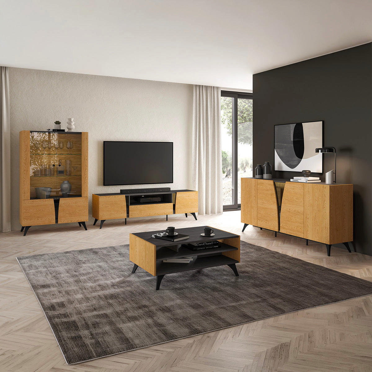 TV-MÖBEL Soah Holz und Schwarz - Schwarz, Holzwerkstoff (180/52/40cm) - Petits-meubles