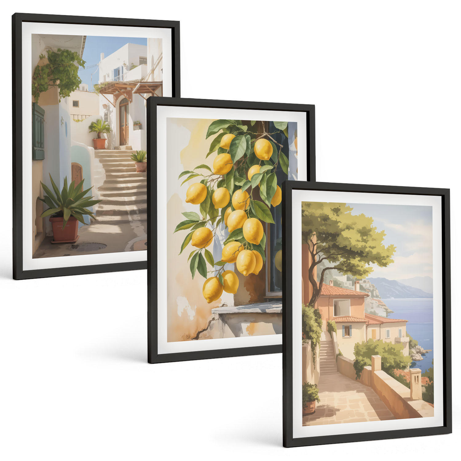BILDER SET 3er Set - 40x60 cm Schwarzer Rahmen - Lemon Streets Meerblick - Schwarz, Kunststoff (40/60cm) - TULUP