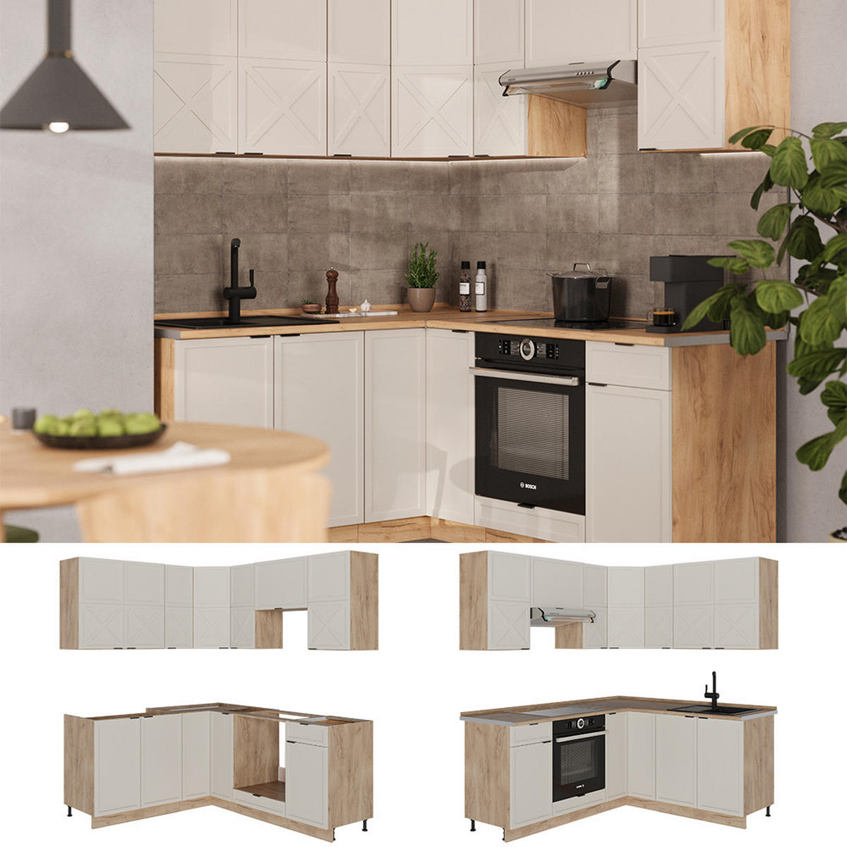 ECKKÜCHE Fame-Line GrauBeige/Goldkraft Eiche 160 x 60 cm ohne AP - Honigeiche/Grau, Holzwerkstoff (190/81.6/46cm) - Vicco