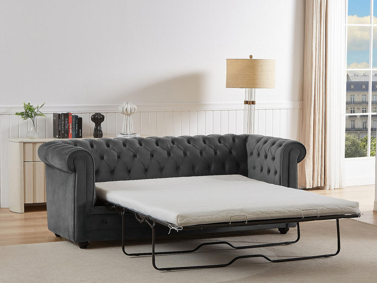 SOFA mit Schlaffunktion 3-Sitzer - Samt - Anthrazitgrau - CHESTERFIELD - Anthrazit, Textil (204/85/89cm) - Vente-Unique