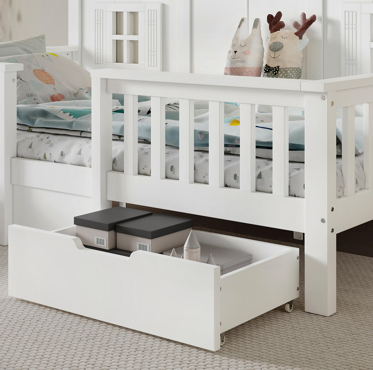 KINDERBETT aus Kiefer und MDF 90x200 cm Weiß mit 2 Schubladen, Dach und Fensterdetails - Weiß, Holzwerkstoff (90/200cm) - Modfu