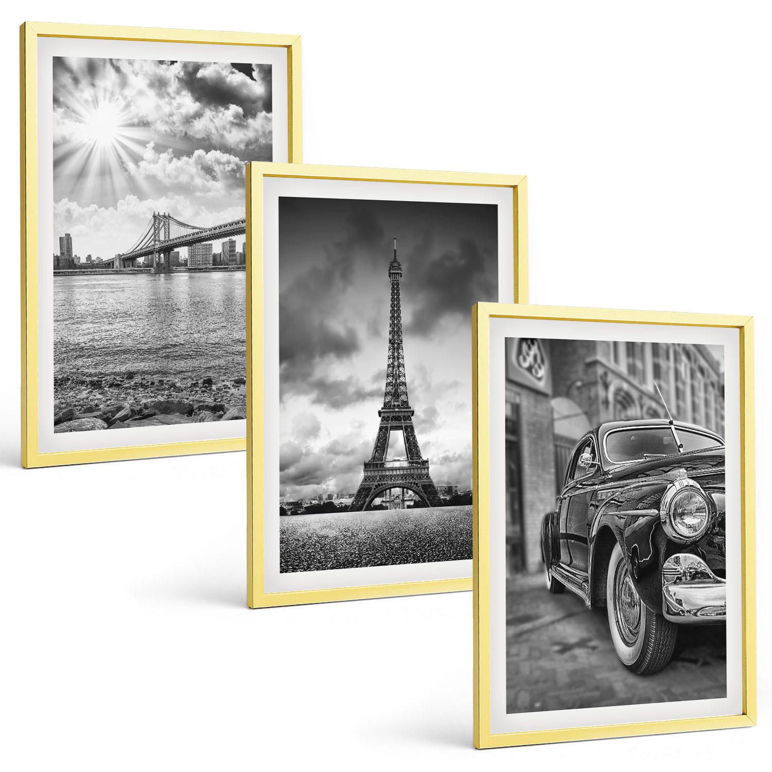BILDER SET 3er Set - 40x60 cm Goldrahmen - Stadtansichten, Brücken, Eiffelturm - Goldfarben, Kunststoff (40/60cm) - TULUP