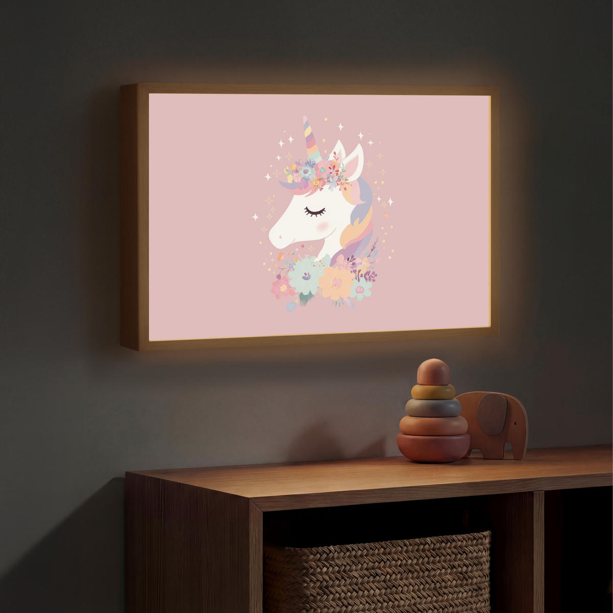 DOBÍJECÍ NOČNÍ LAMPIČKA Jednorožec - růžová - květiny 60x40 cm - růžová, kompozitní dřevo (8/60/40cm) - OnlyWow