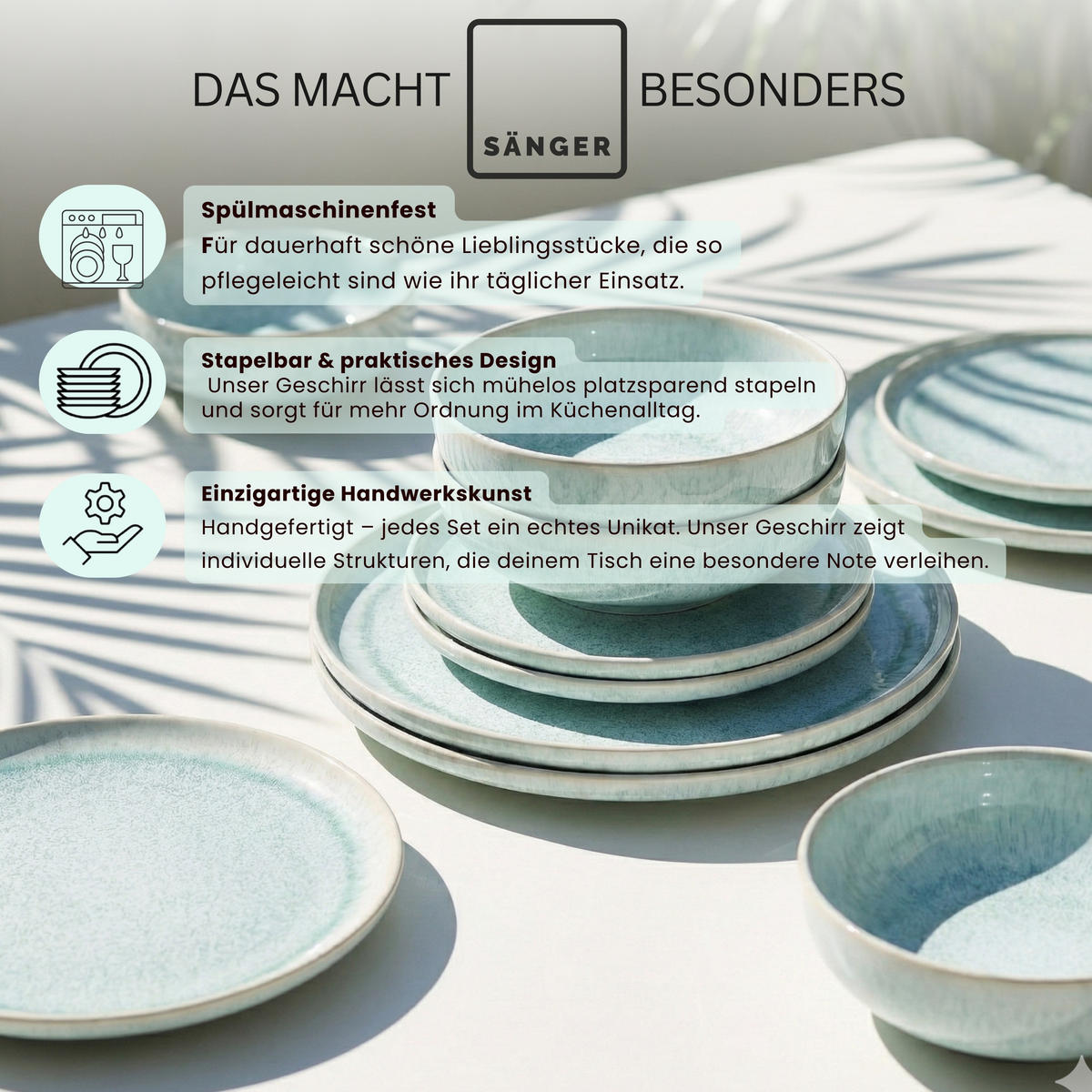 KOMBISERVICE PAROS - 16 teilig aus Steingut - Türkis, Stein (27/27/27cm) - Sänger