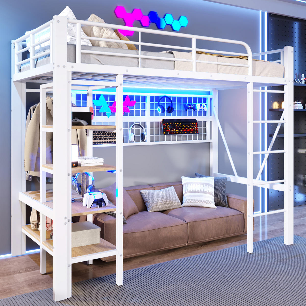 HOCHBETT 90/200 cm Weiß mit Schreibtisch, Stauraumleiter und LED-Beleuchtung - Weiß, Metall (90/200cm) - Flora Grace