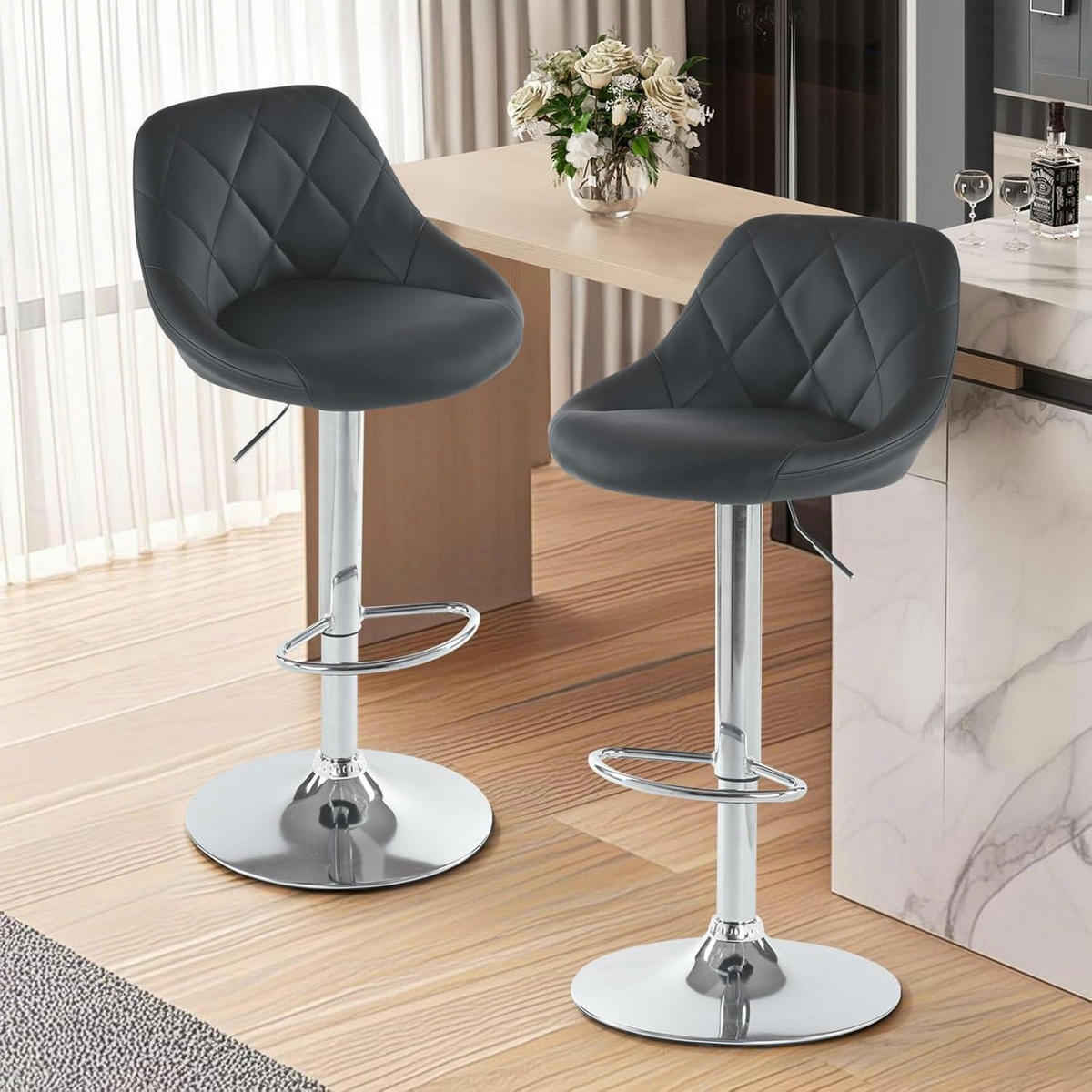 BARHOCKER 2er Set höhenverstellbar, drehbar, mit Rückenlehne aus PU in Schwarz - Schwarz, Kunststoff (40/83/40cm)