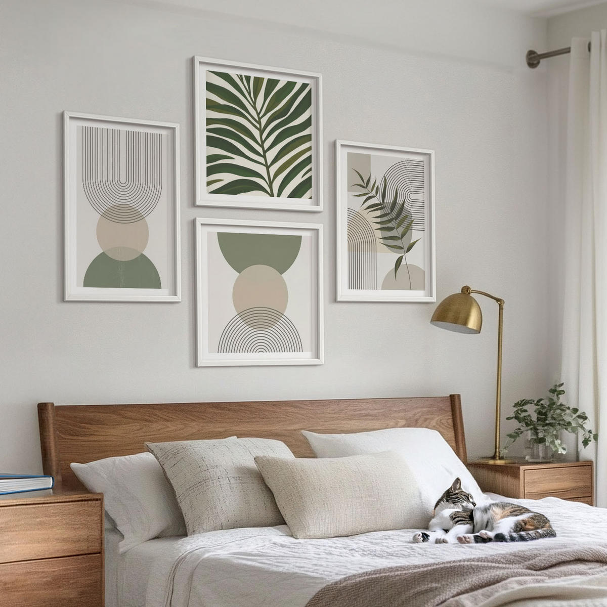 WANDBILDER 4er-Set - 50x50 cm & 40x60 cm Weißer Rahmen - Abstrakte Blätter im Boho-Stil - Weiß, Kunststoff (50/50cm) - ArtPrintCave
