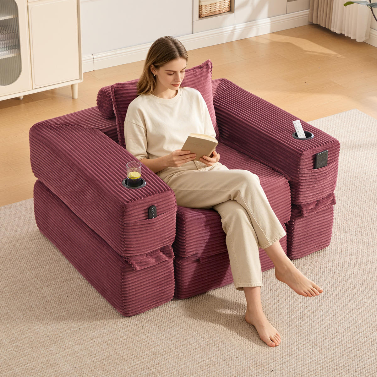 SCHLAFSOFA mit Cordbezug, Federkern, Getränkehalter und Seitentasche - Weinrot, Textil (122/80/98cm) - EVRYAE
