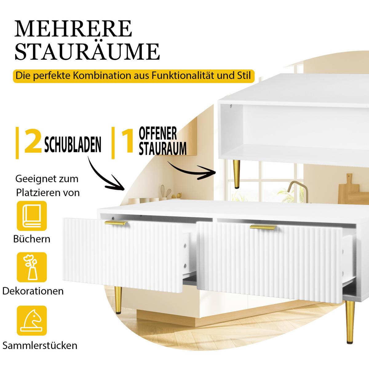 COUCHTISCH 100/50 cm mit 2 Schubladen und Ablageboden in Weiß/Gold - Weiß, Holzwerkstoff (100/50/40cm) - BEAOK