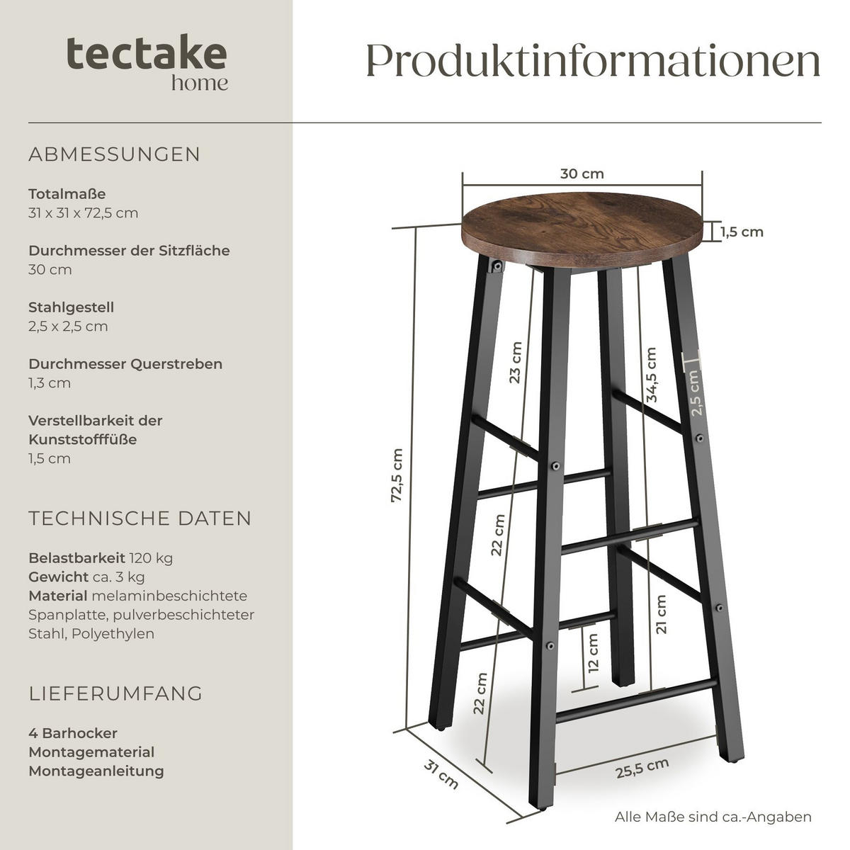 SET BARHOCKER Keynes, Sitzhöhe 72,5 cm, Industrial Holz dunkel, rustikal - Rostfarben, Holzwerkstoff/Textil (31/72.5/31cm) - tectake