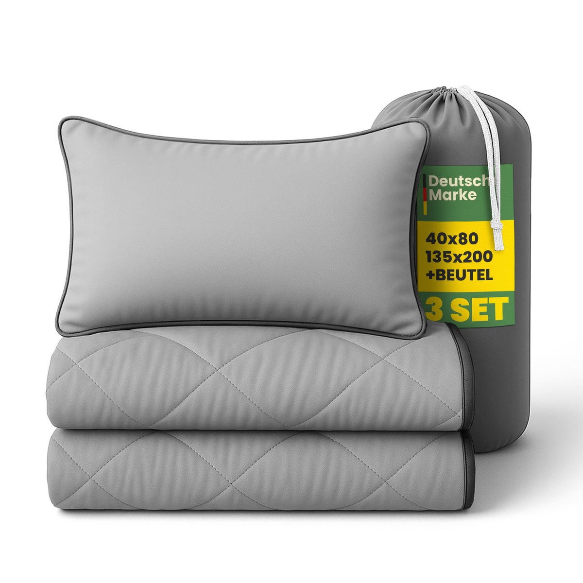 BETTENSET 2tlg. Reise Set ( Sommer Steppdecke 135x200cm + Kissen 40x80cm) - Anthrazit/Hellgrau - Grau, Textil (135/200cm) - Bestlivings