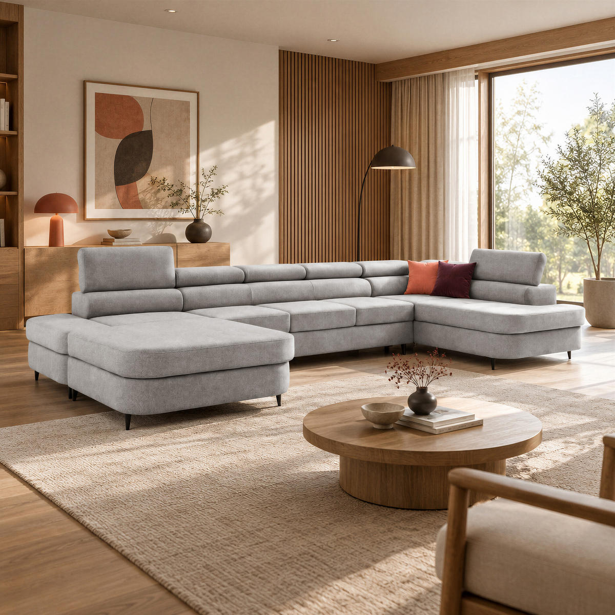 ECKSOFA U-Form PRIAM MAXI U Rechts mit Schlaffunktion 125x317 Velours Hellgrau - Hellgrau/Schwarz, Holz/Textil (400/91/203cm) - Muffo