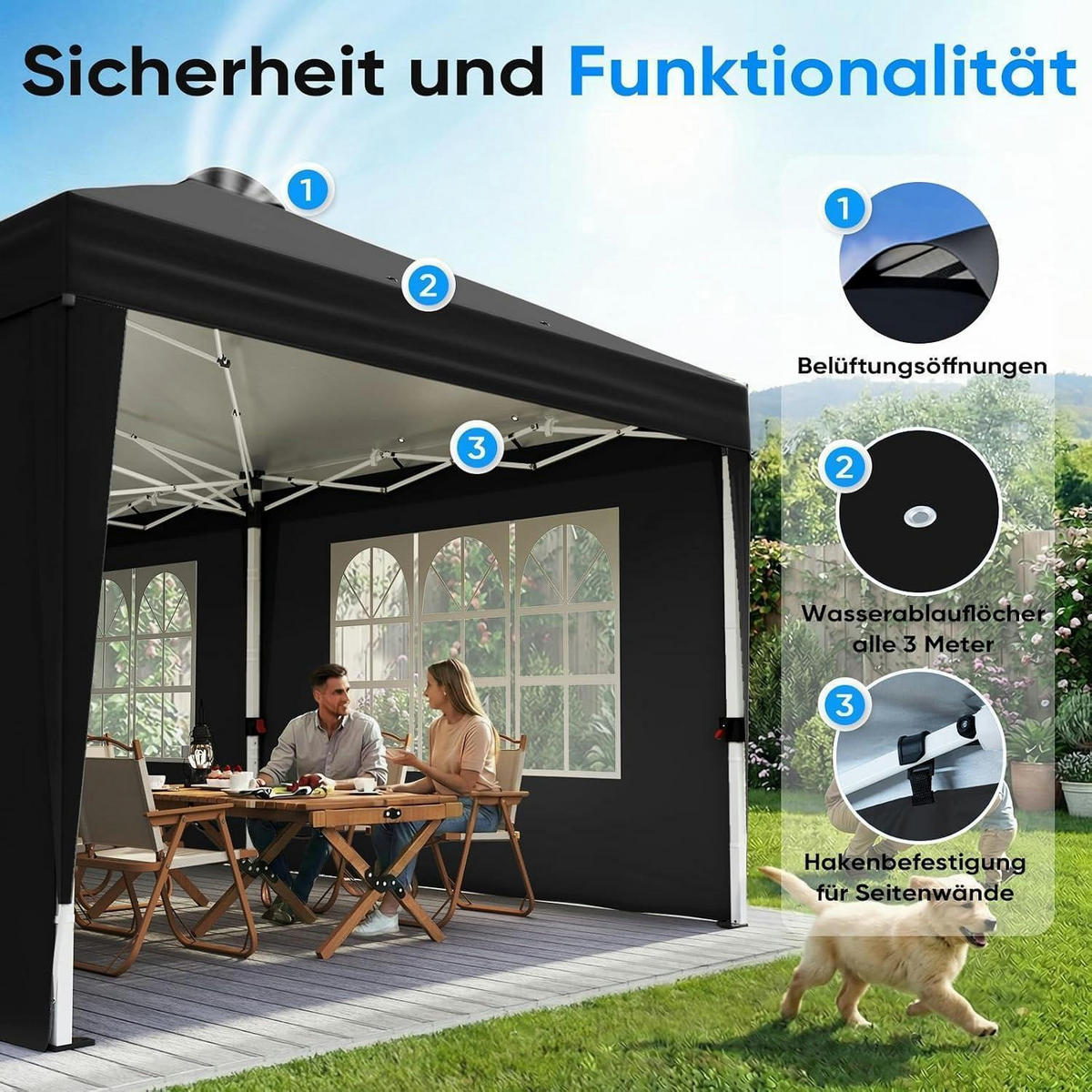 FALTPAVILLON 3x6m mit Seitenwänden Schwarz Metall - Schwarz, Metall (585/285/293cm)