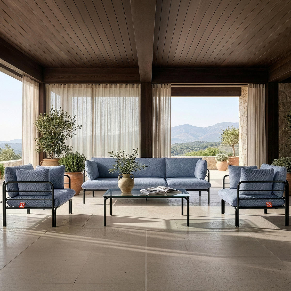 GARTENSOFA RAMBE 3-Personen mit Kissen, Anthrazit - Anthrazit/Dunkelblau, Textil/Metall (225/80/80cm) - KONSIMO®