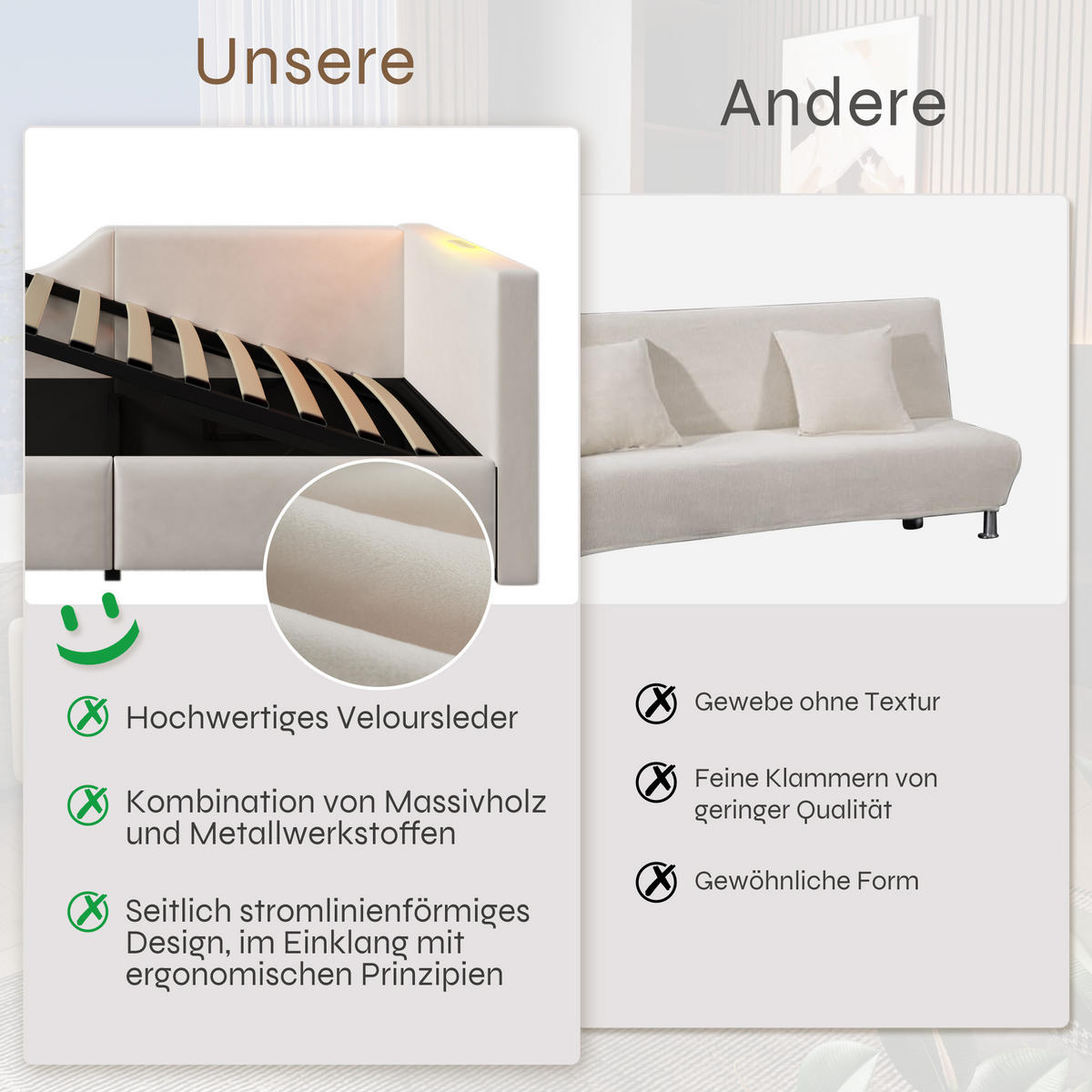 POLSTERBETT aus Samt 90x200 cm in Beige mit Stauraum, Leselampe & USB-C - Beige, Textil (90/200cm) - Modfu