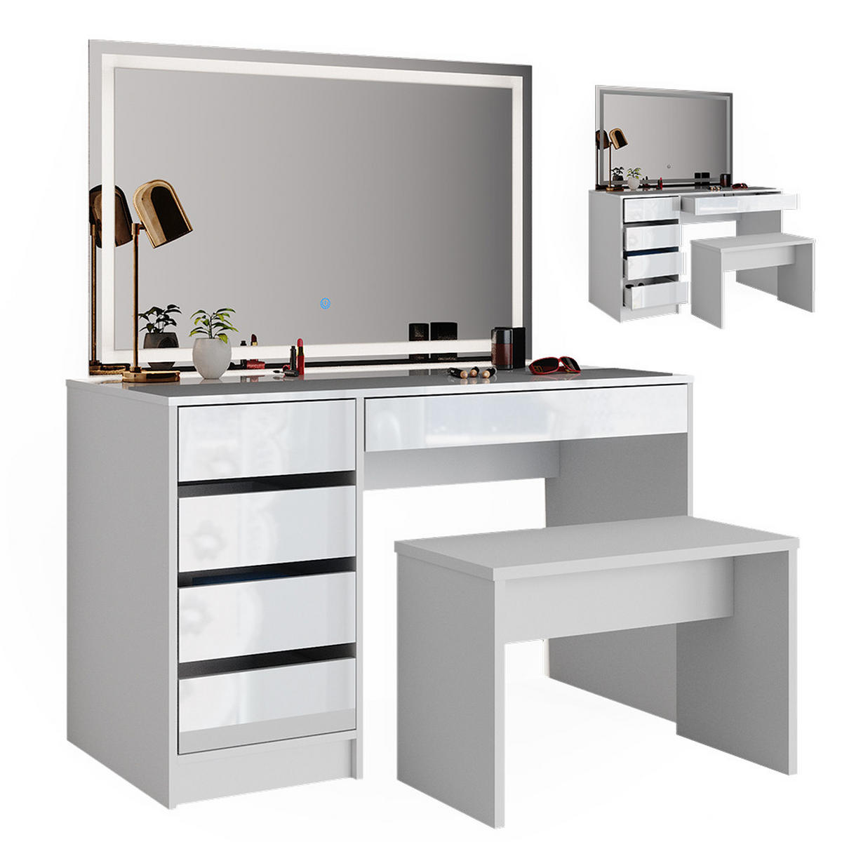 SCHMINKTISCH Sherry Weiß 120 cm mit LED-Spiegel und Bank - Weiß Hochglanz, Holzwerkstoff (55/75/120cm) - Vicco