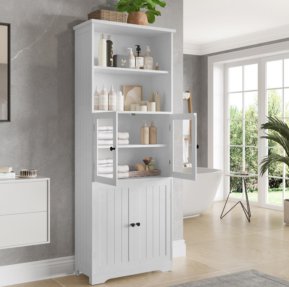 BADEZIMMER-HOCHSCHRANK 57.4x28.5x160cm in Weiß, feuchtigkeitsbeständig mit 4 Türen - Weiß, Holzwerkstoff (57.4/160/28.5cm) - Modfu