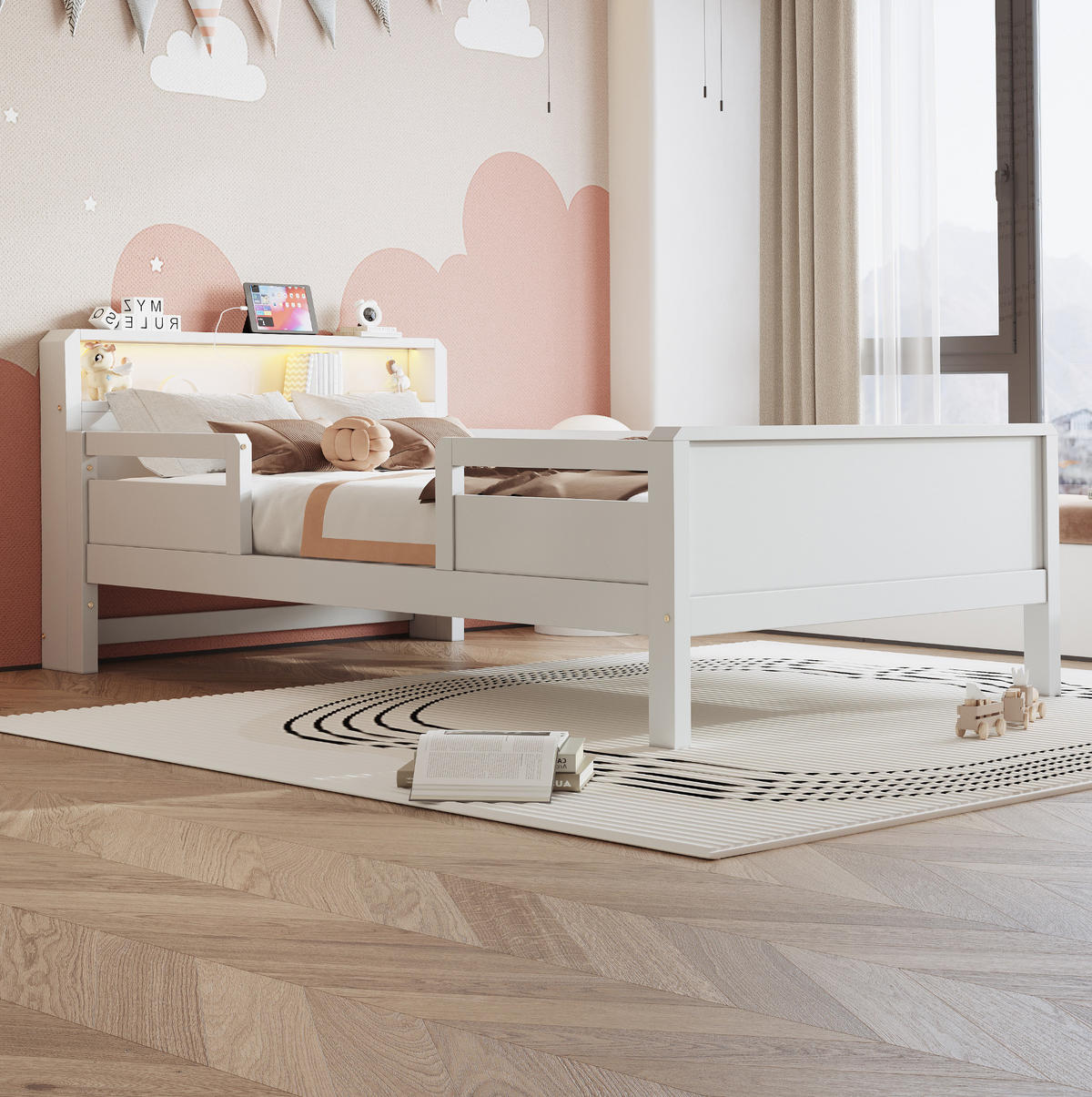 KINDERBETT 90/200 cm weiß aus Kiefernholz mit Ablage, LED und USB-/Type-C-Anschluss - Weiß, Holzwerkstoff (90/200cm) - OKWISH